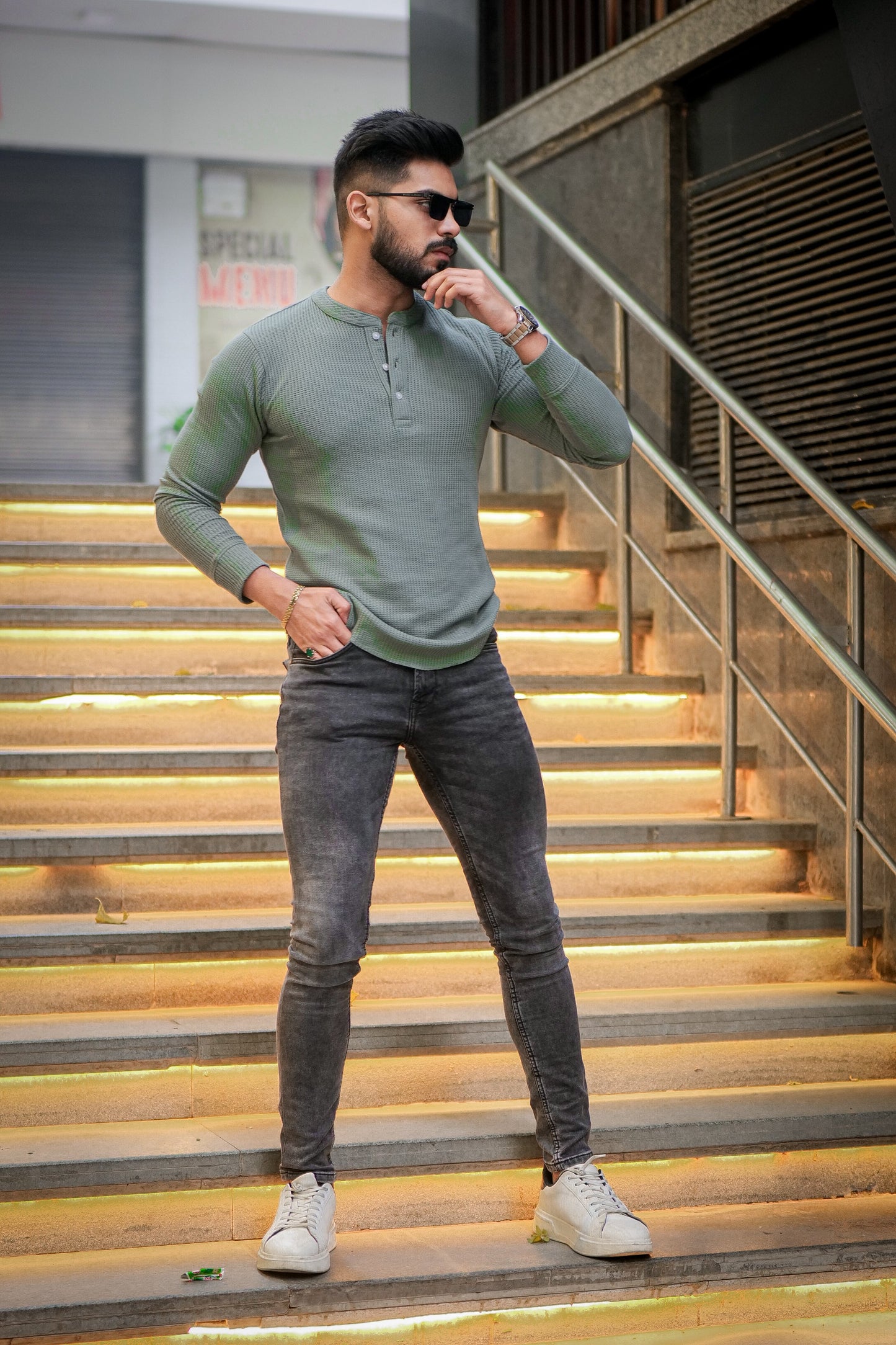 Greenish Grey Self Waffle Knit Henley T-Shirt