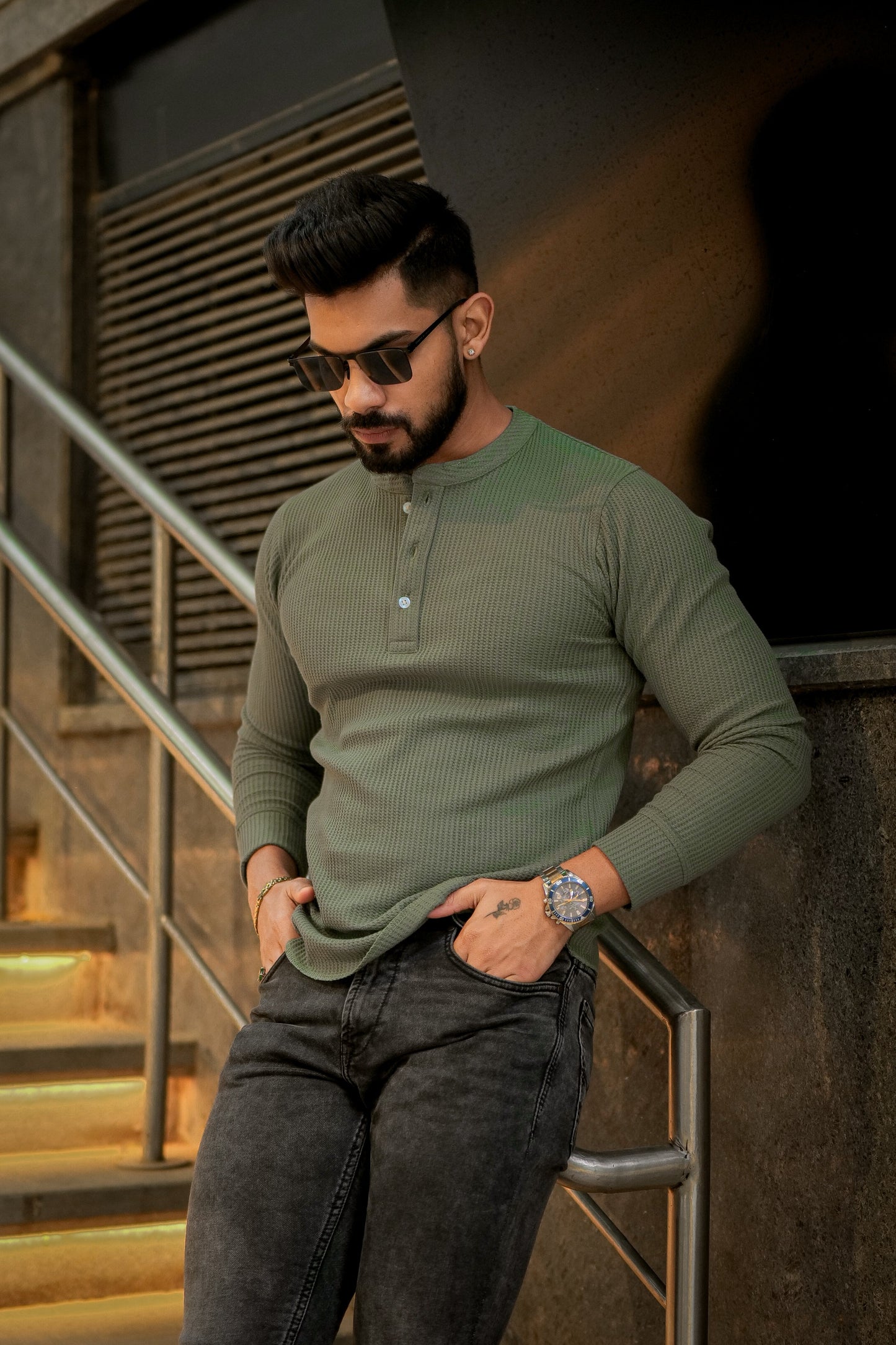 Greenish Grey Self Waffle Knit Henley T-Shirt