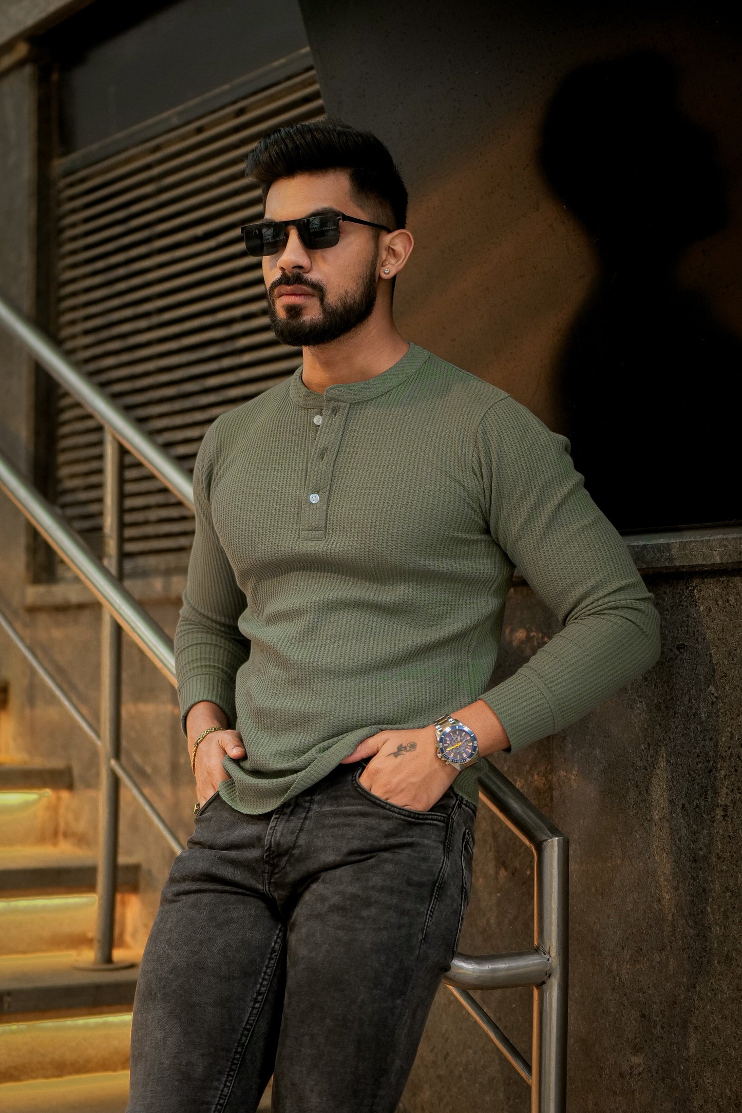 Greenish Grey Self Waffle Knit Henley T-Shirt
