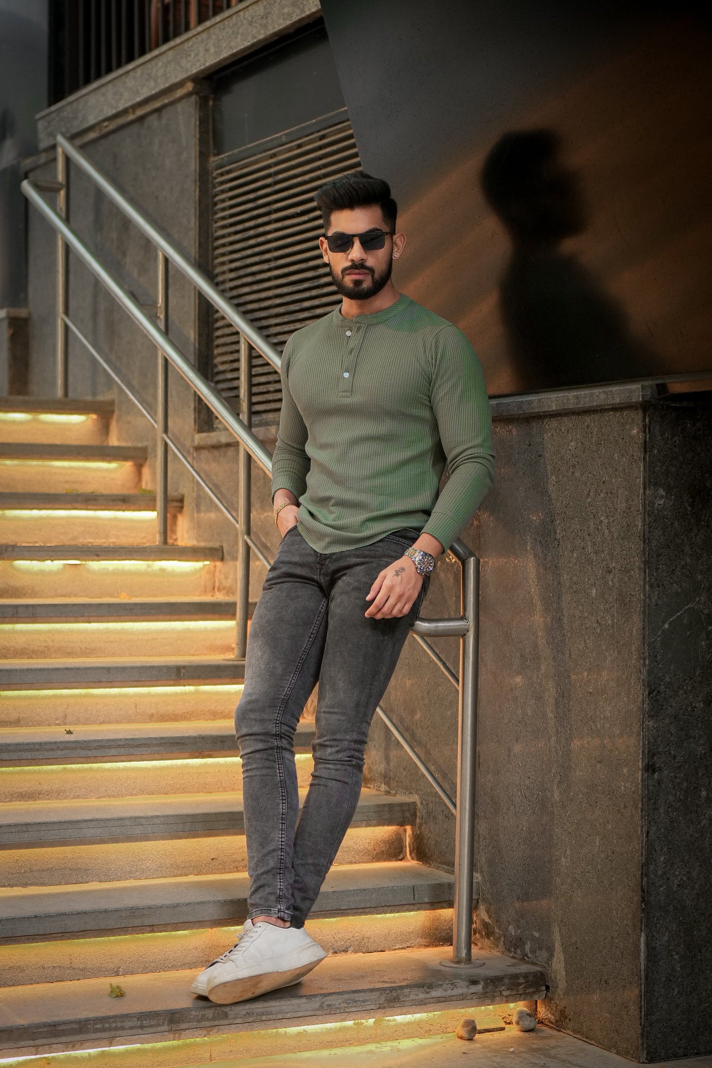 Greenish Grey Self Waffle Knit Henley T-Shirt