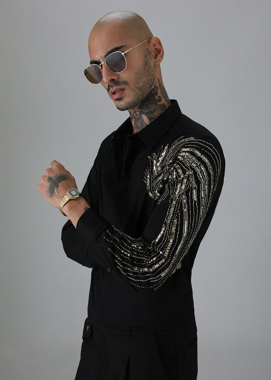 Gold Eagle Black Embellished Designer Shirt
