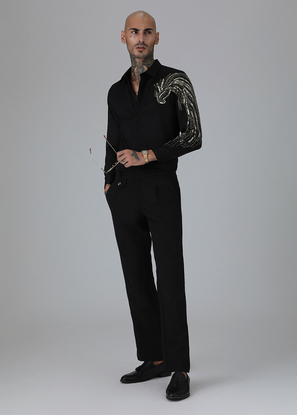 Gold Eagle Black Embellished Designer Shirt