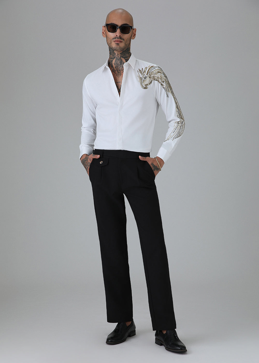 Gold Eagle White Embellished Designer Shirt