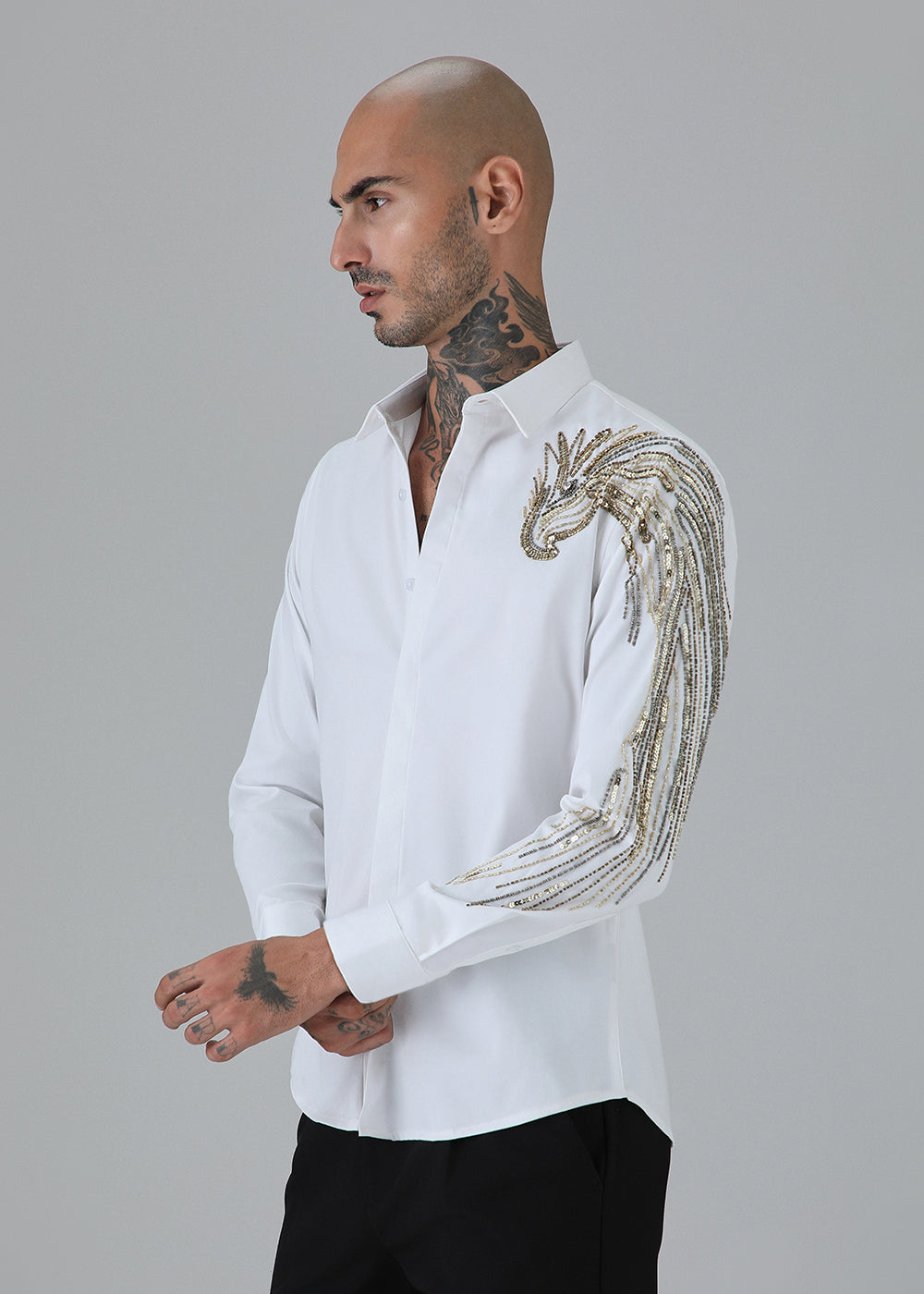 Gold Eagle White Embellished Designer Shirt