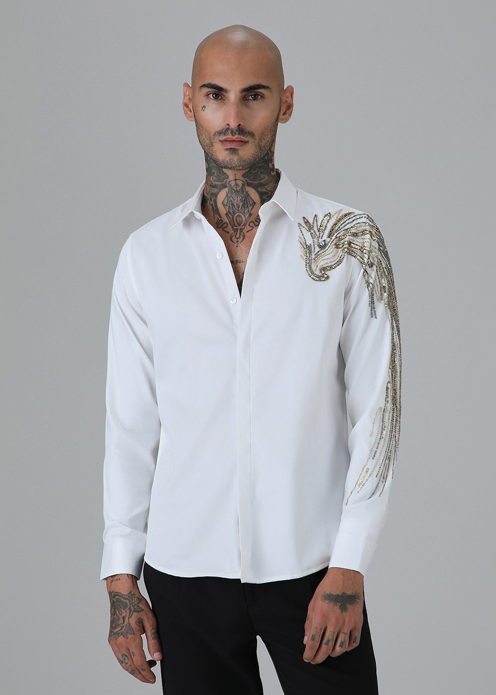 Gold Eagle White Embellished Designer Shirt