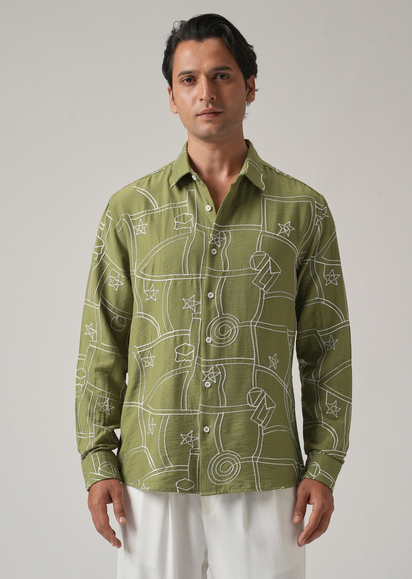 Green Abstract Embroidery Shirt