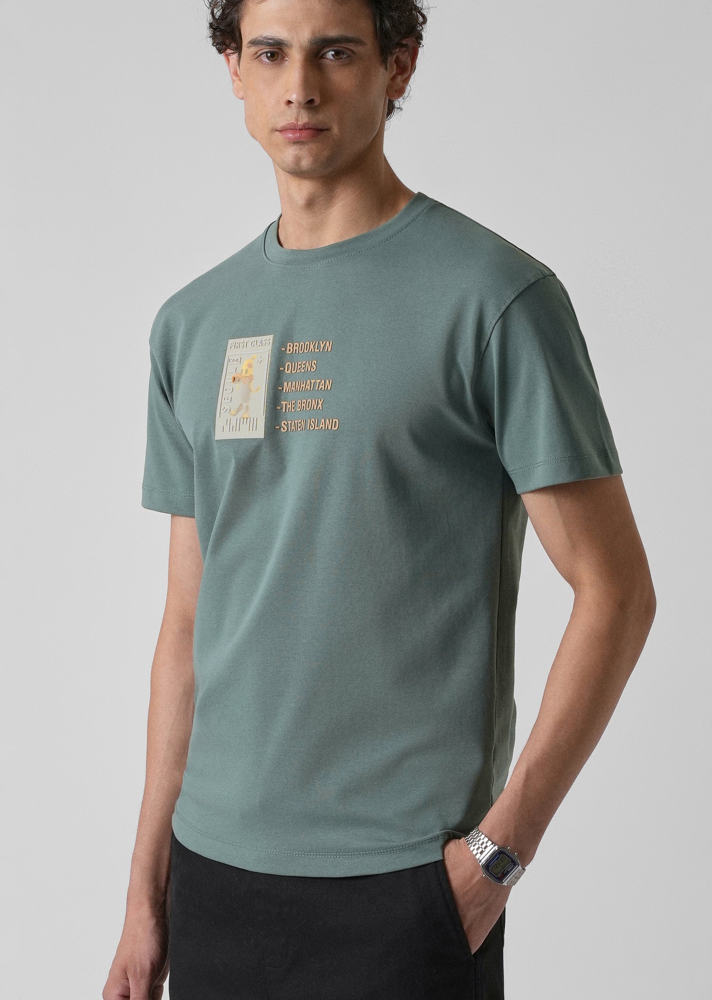 Green Embossed Printed Slim Fit T-shirt