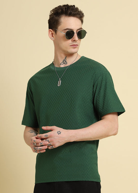 Green Plain Textured Weave Oversized T-shirt
