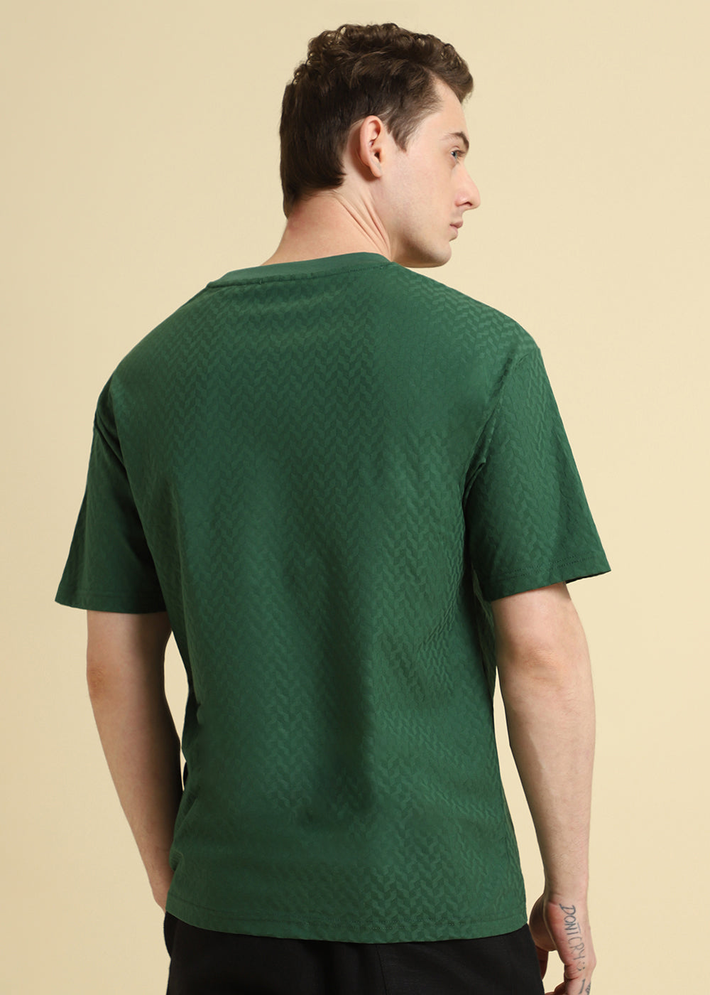 Green Plain Textured Weave Oversized T-shirt