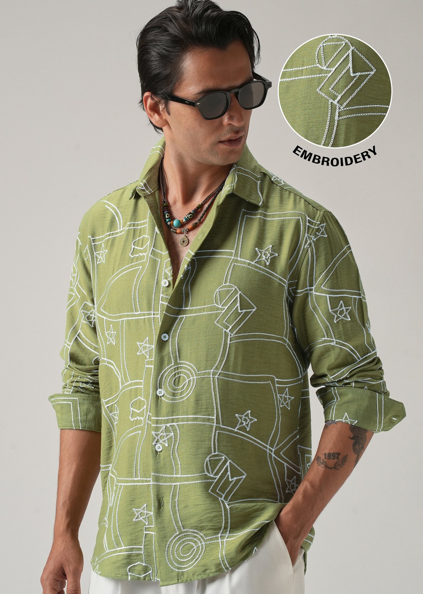 Green Abstract Embroidery Shirt