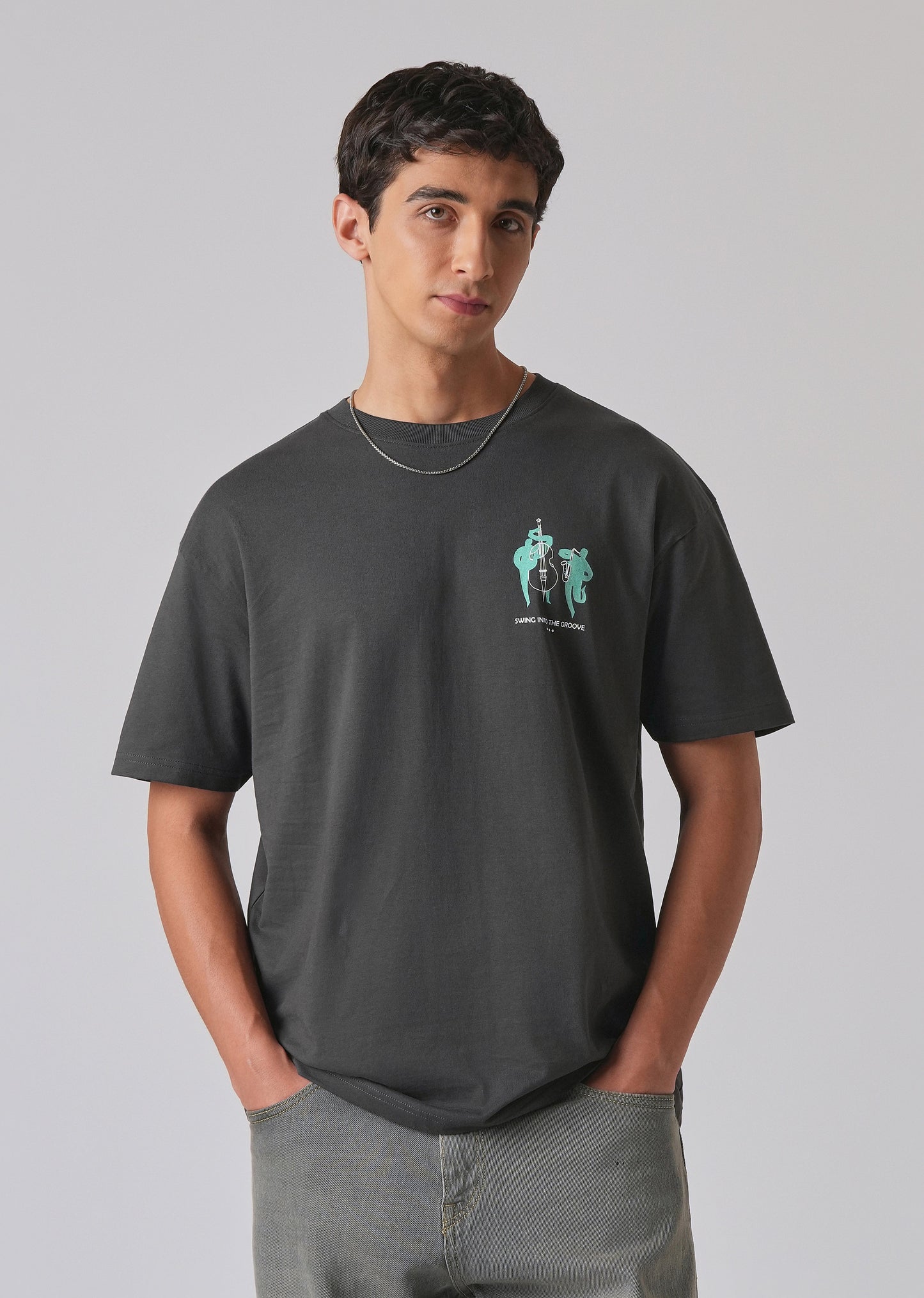 Grey Back Graphic Printed Oversized T-shirt