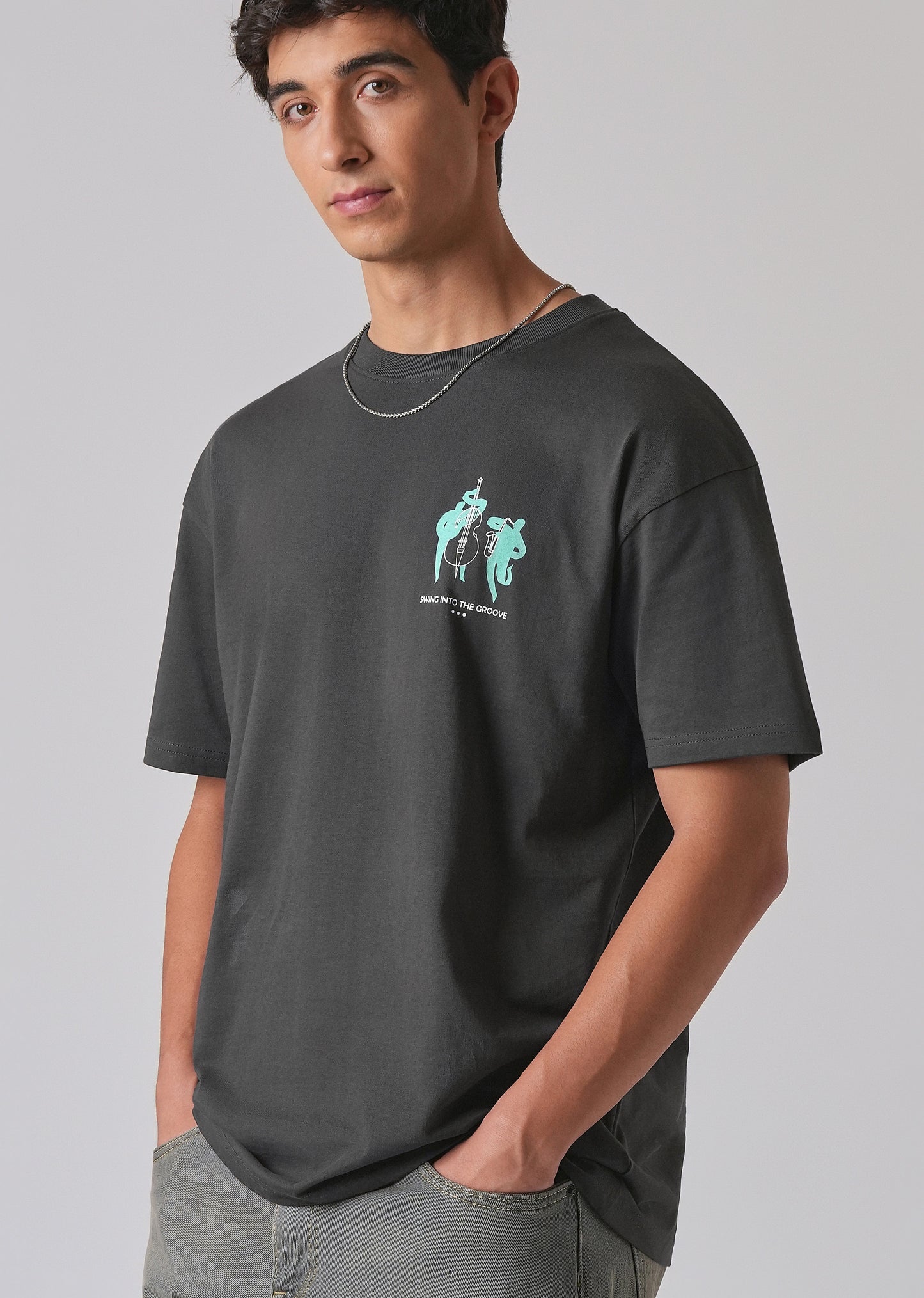 Grey Back Graphic Printed Oversized T-shirt
