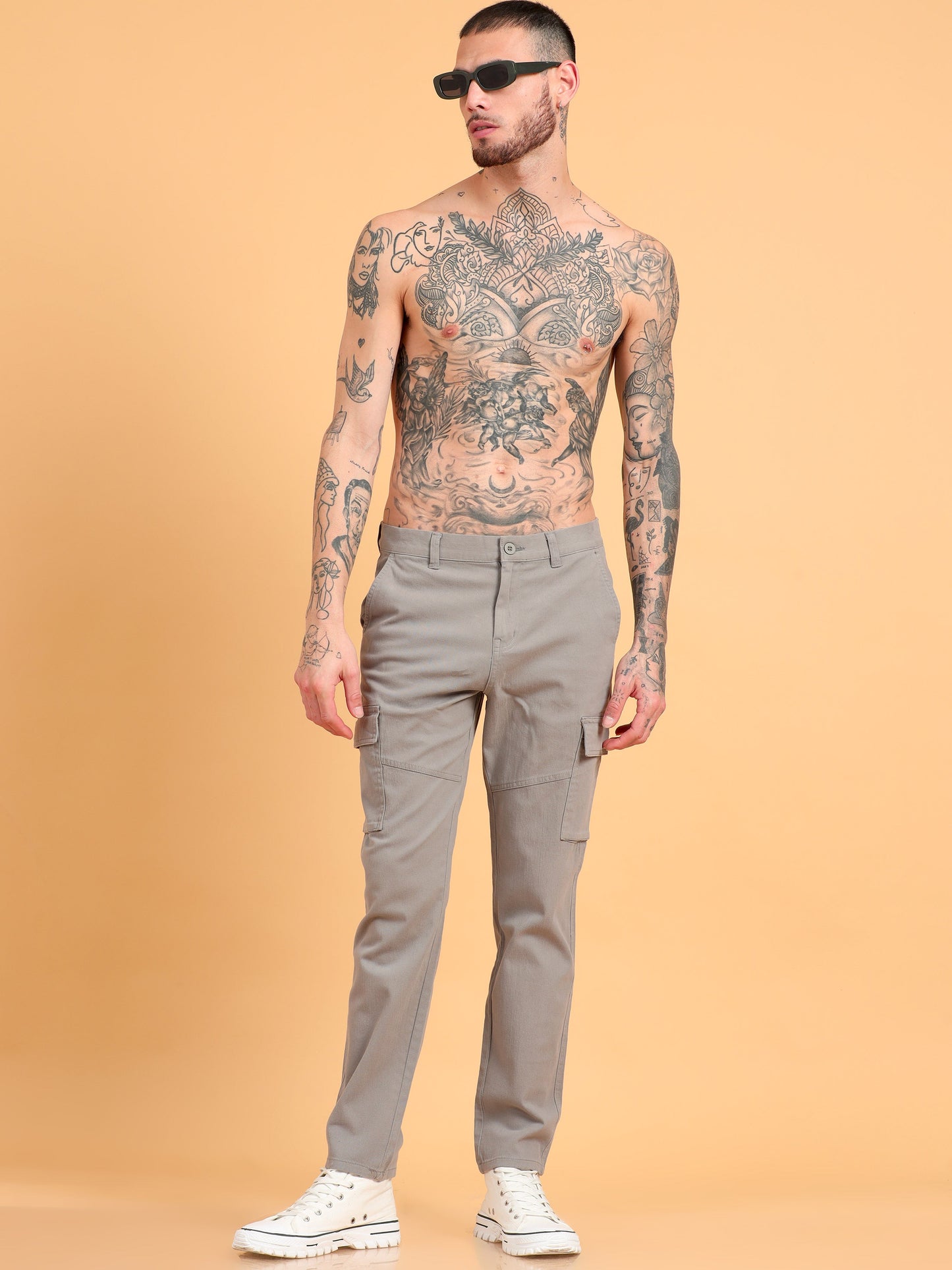 Men 2 Cotton Regular Fit Cargo Trousers, GRAPHITE GREY NAVY