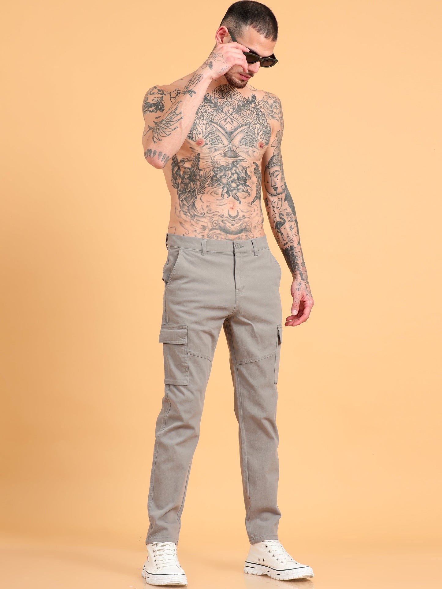 Men 2 Cotton Regular Fit Cargo Trousers, GRAPHITE GREY BROWN