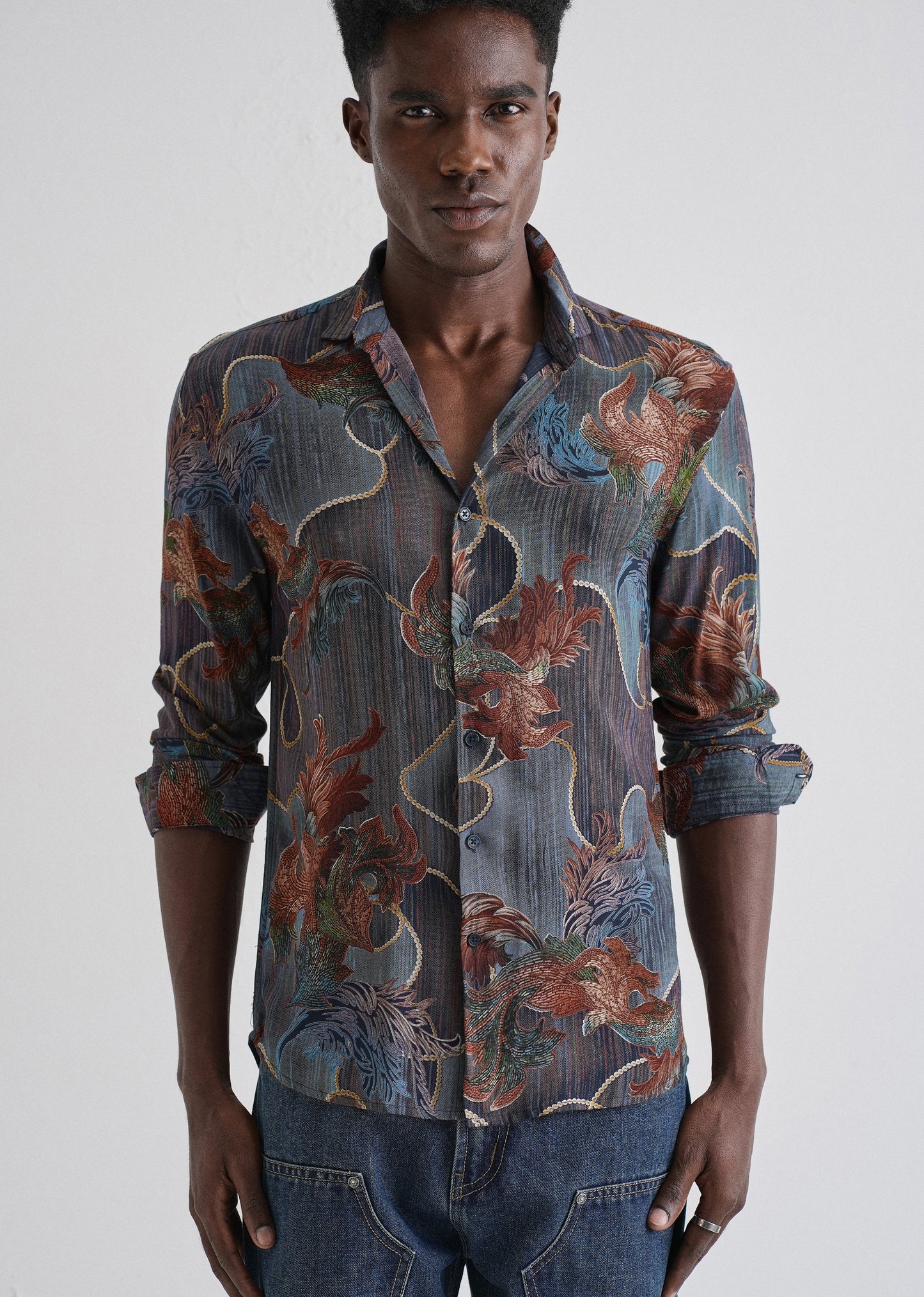 Indigenous Orange Print Feather Shirt