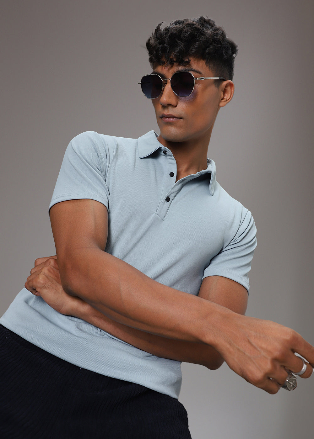 Light Blue Plain Ribbed Polo T-shirt