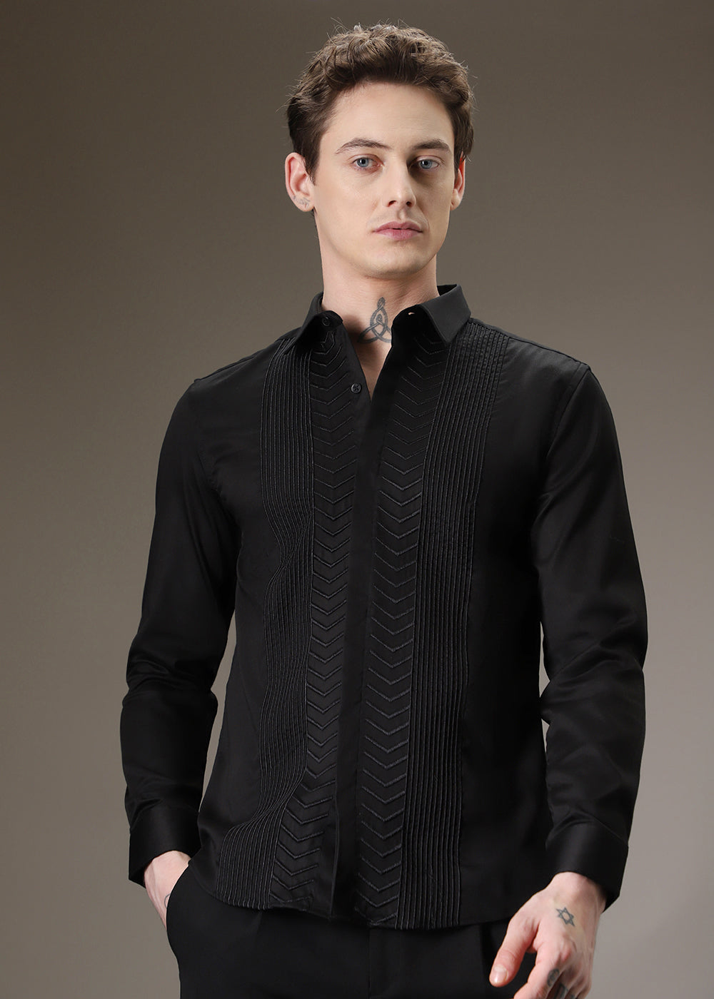Line Needle Work Black Designer Shirt