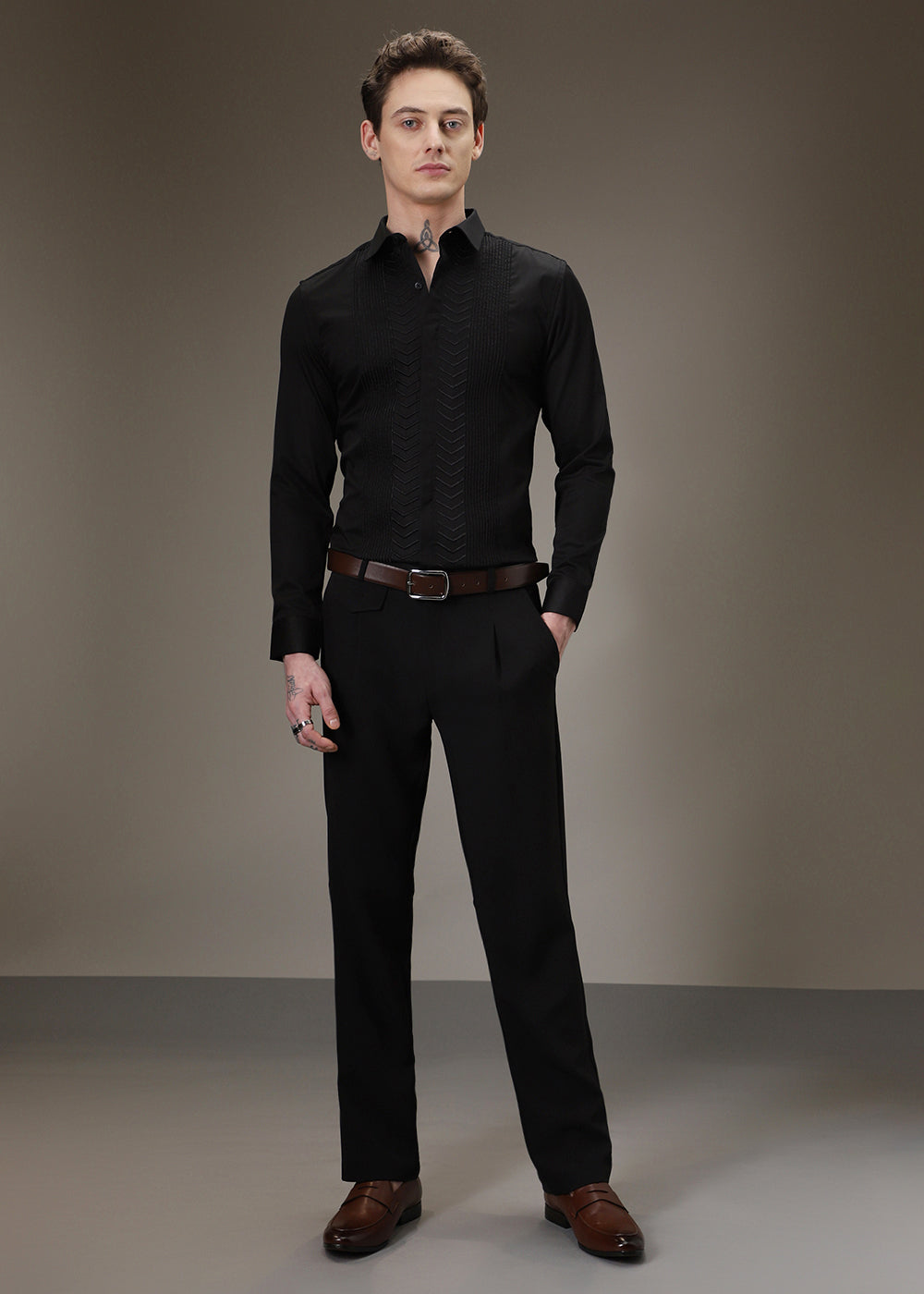 Line Needle Work Black Designer Shirt