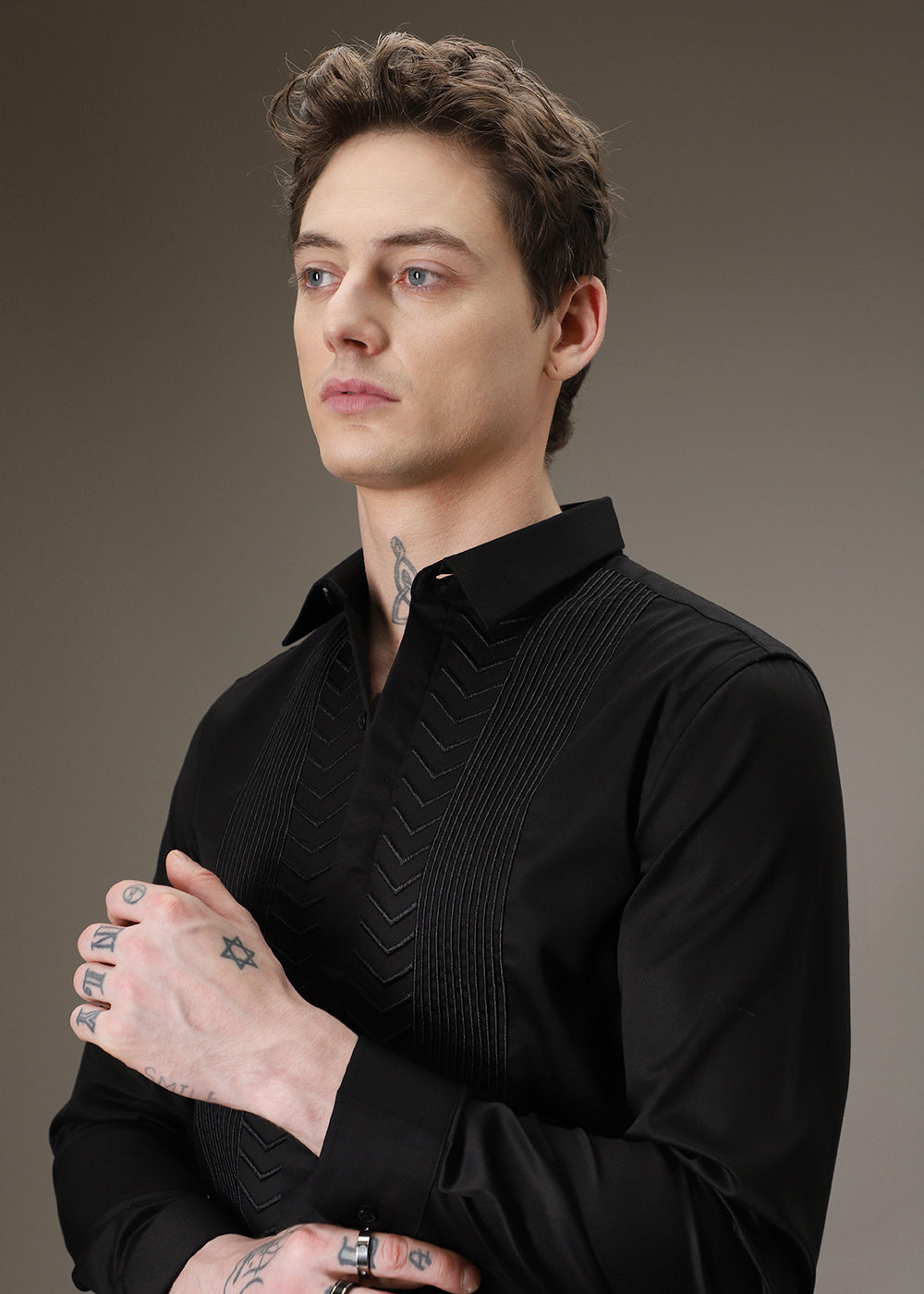 Line Needle Work Black Designer Shirt