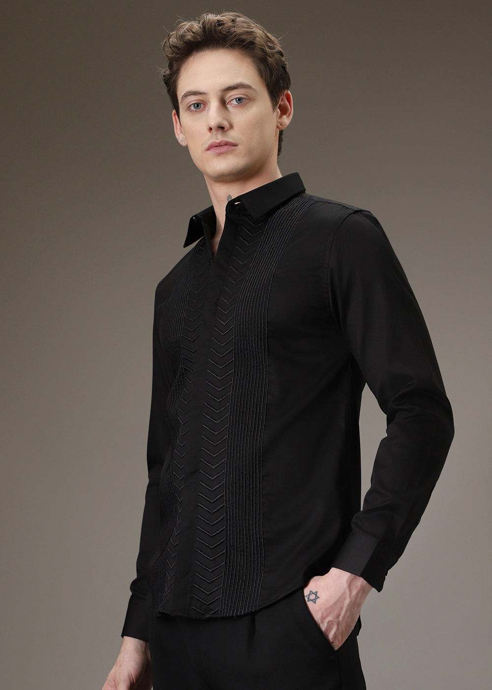 Line Needle Work Black Designer Shirt