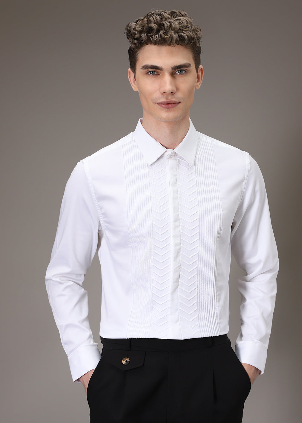 Line Needle Work White Designer Shirt