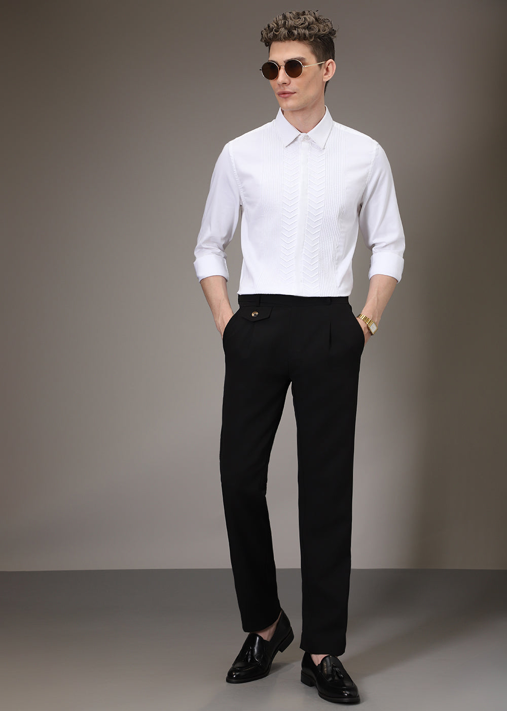 Line Needle Work White Designer Shirt