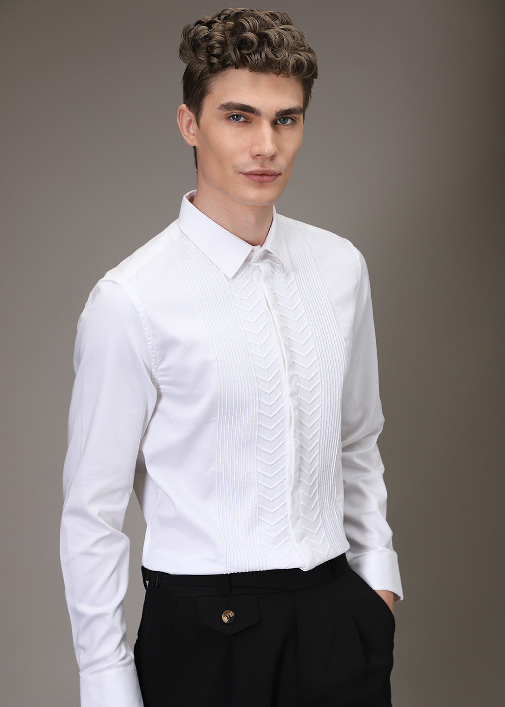 Line Needle Work White Designer Shirt