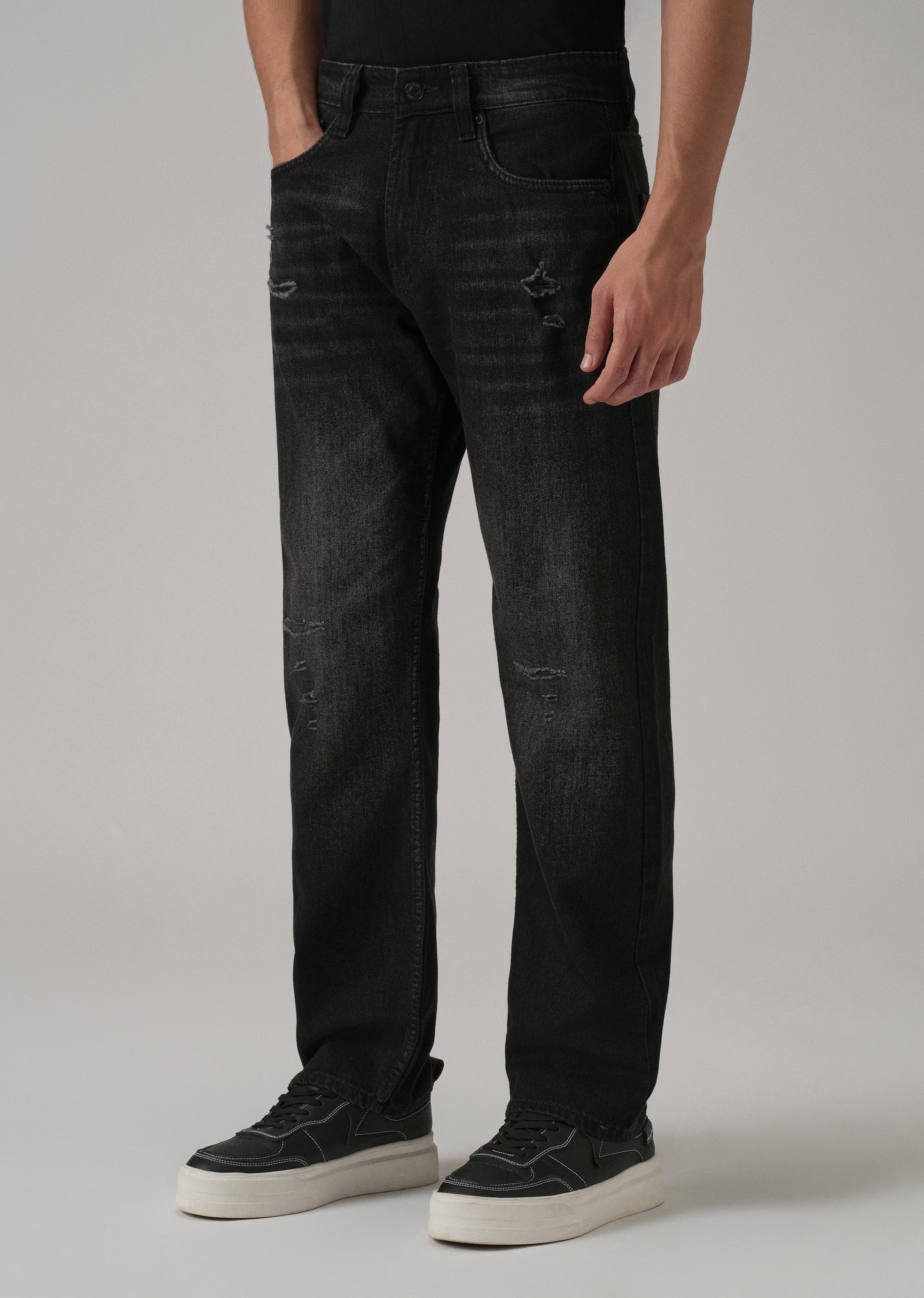 Low Fade Ribbed Black Straight Fit Jeans