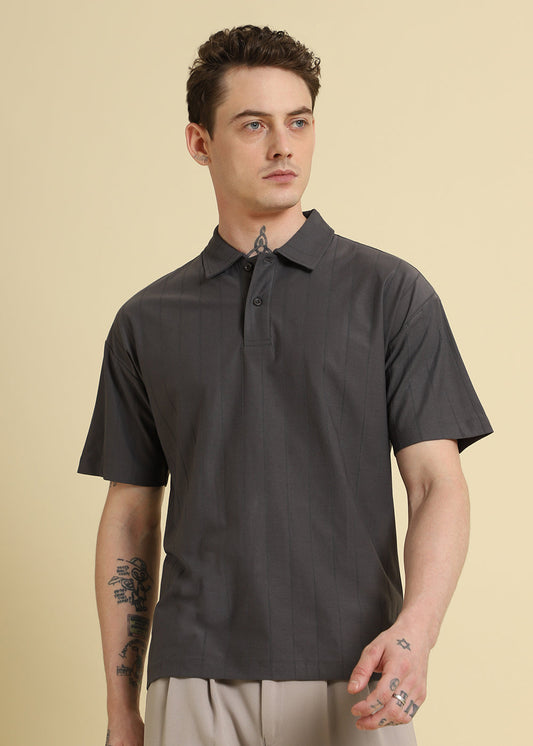Magnetic Grey Plain Striped Polo T-shirt