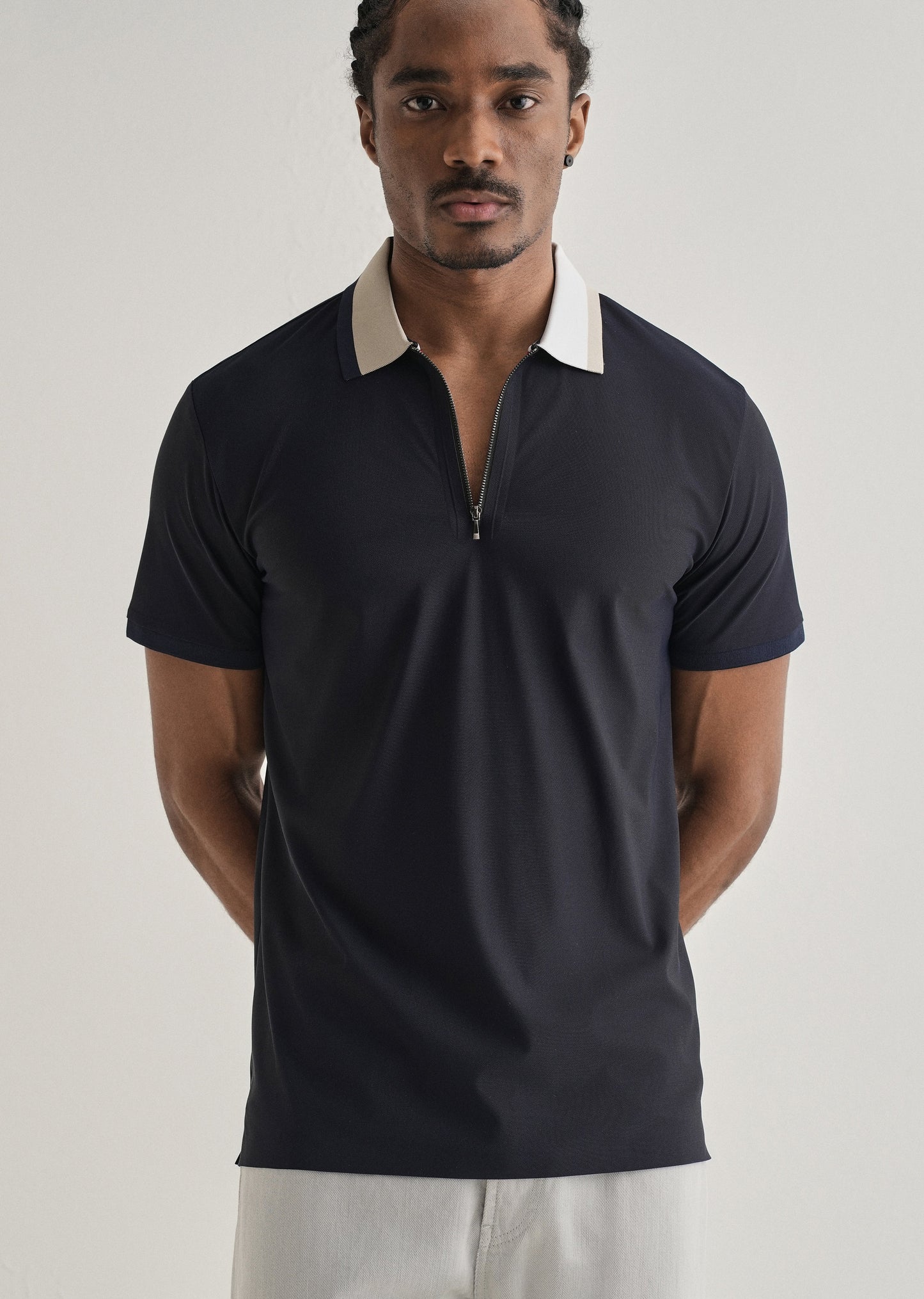 Navy Blue Zipper Polo Collar Seamless T-shirt