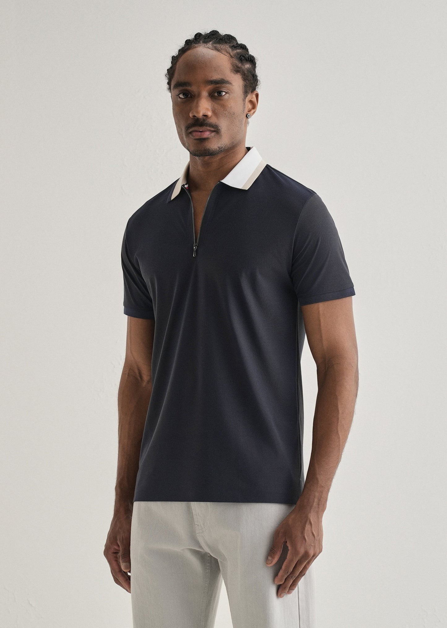 Navy Blue Zipper Polo Collar Seamless T-shirt