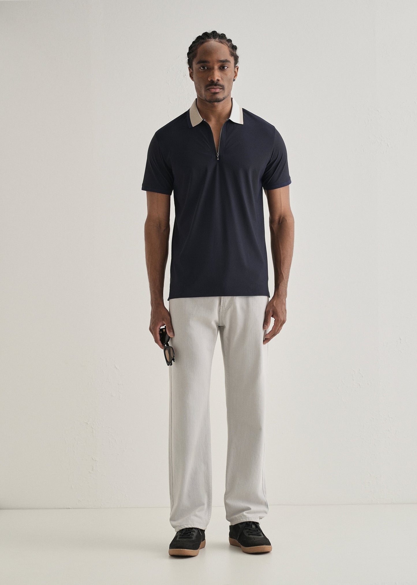 Navy Blue Zipper Polo Collar Seamless T-shirt