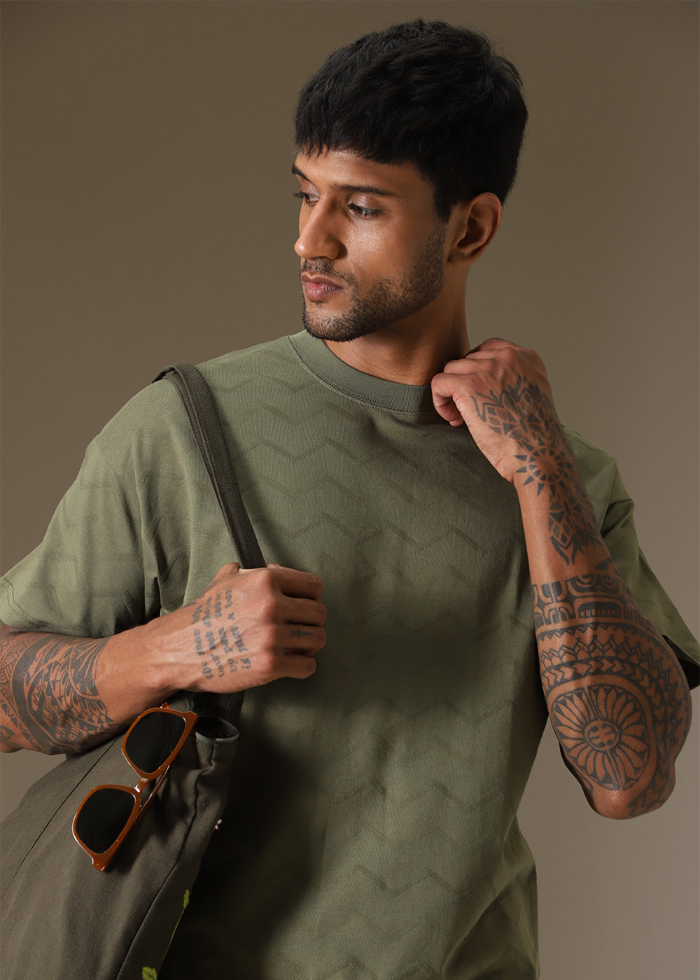 Olive Plain Drop Shoulder Oversized T-shirt