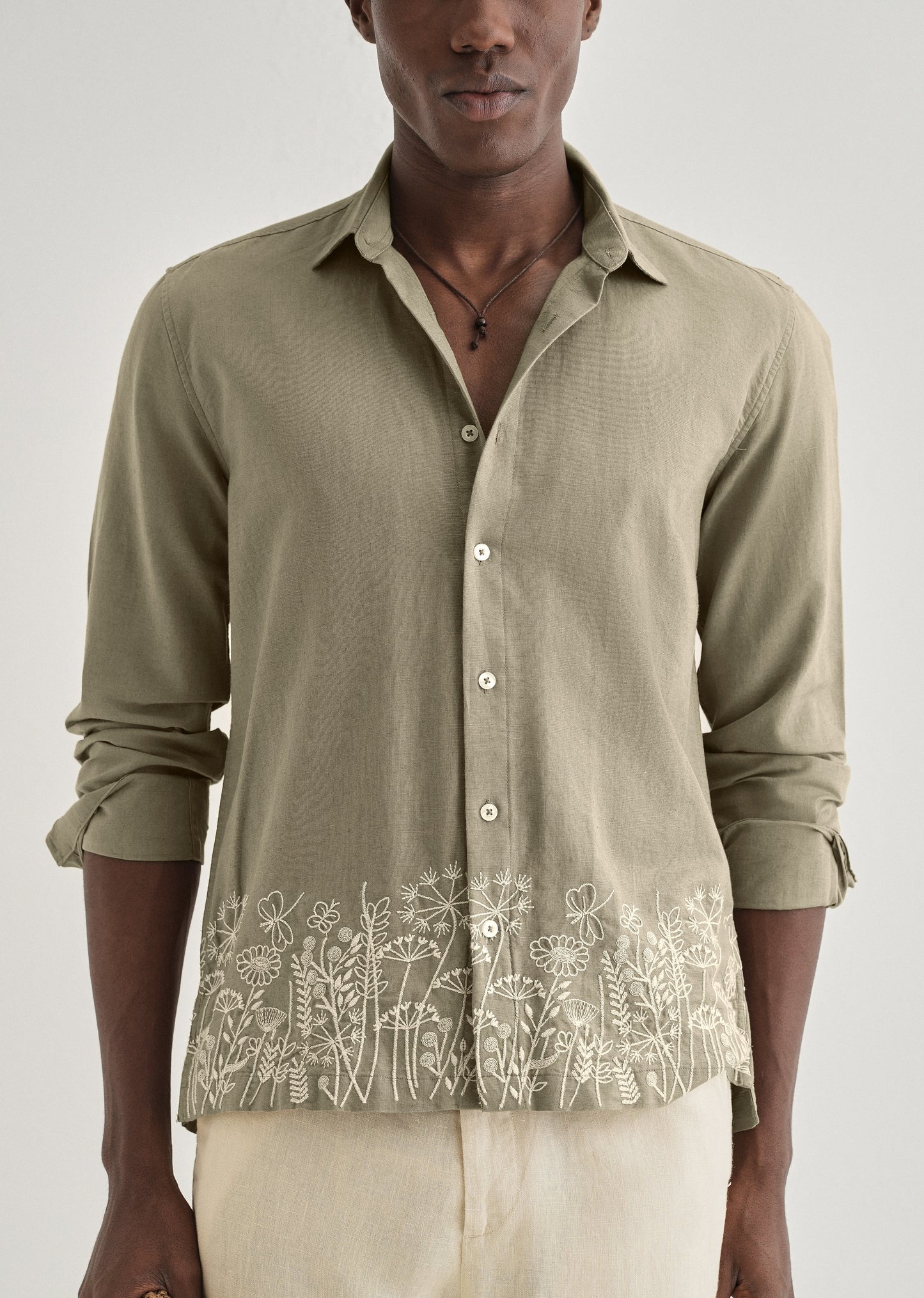 Olive Green Embroidered Cotton Linen Shirt