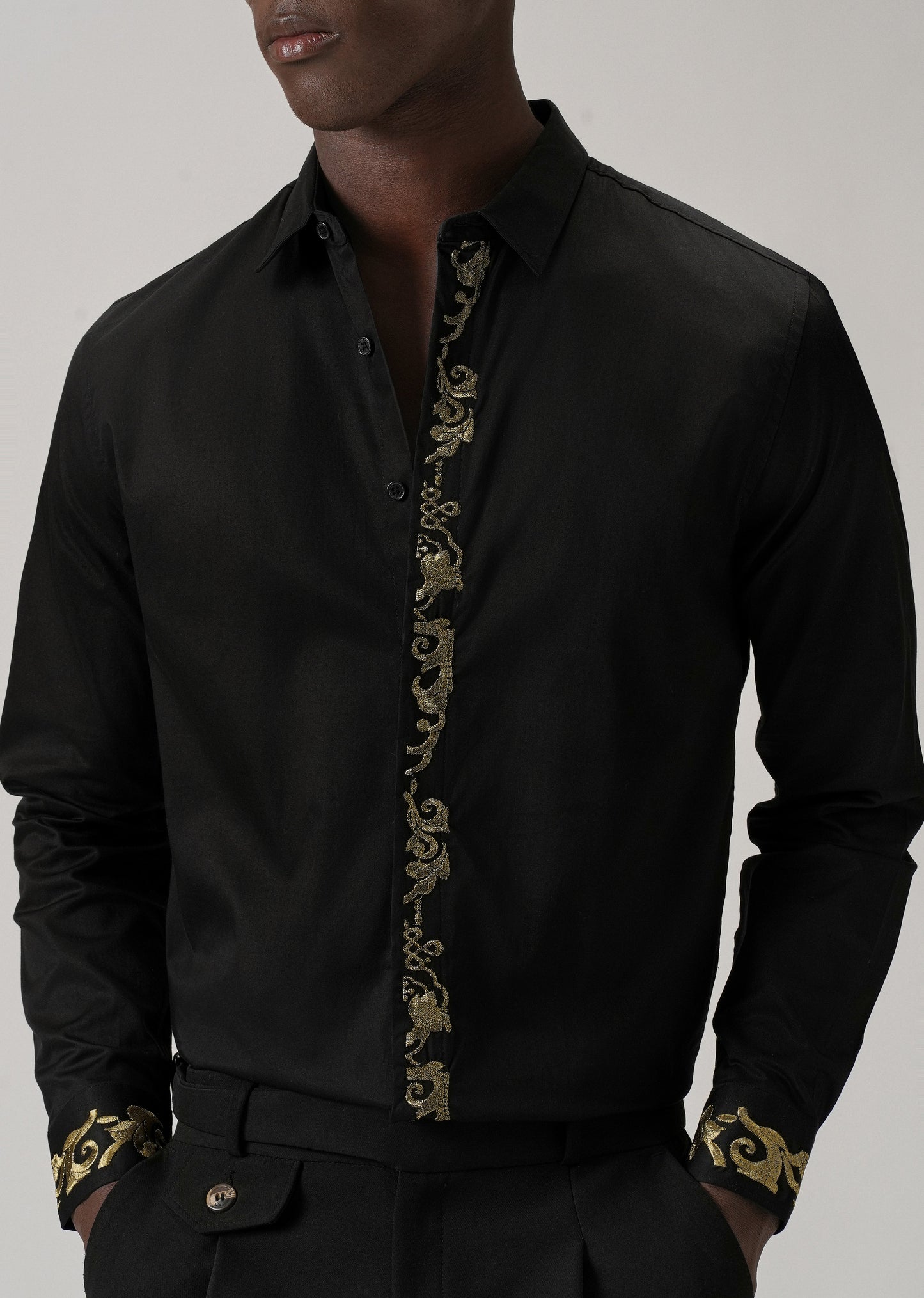 Ornate Embroidered Panel Black Designer Shirt
