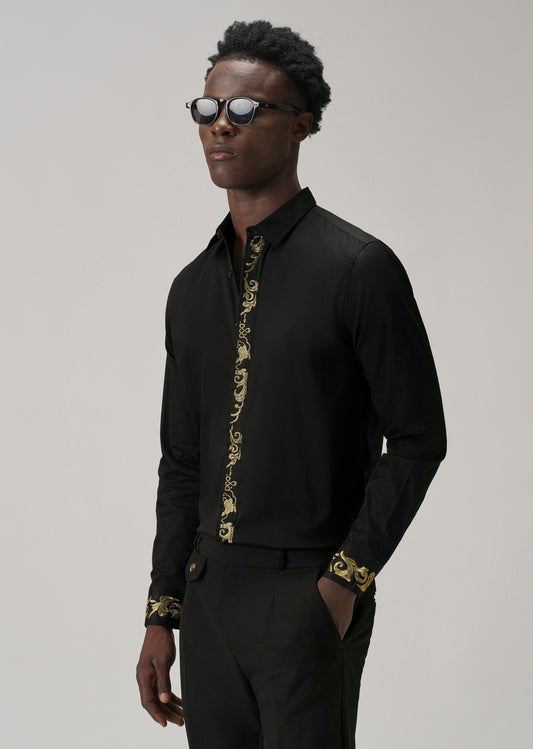 Ornate Embroidered Panel Black Designer Shirt