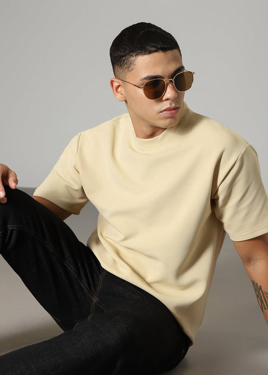 Oversized Cream Plain Textured T-shirt