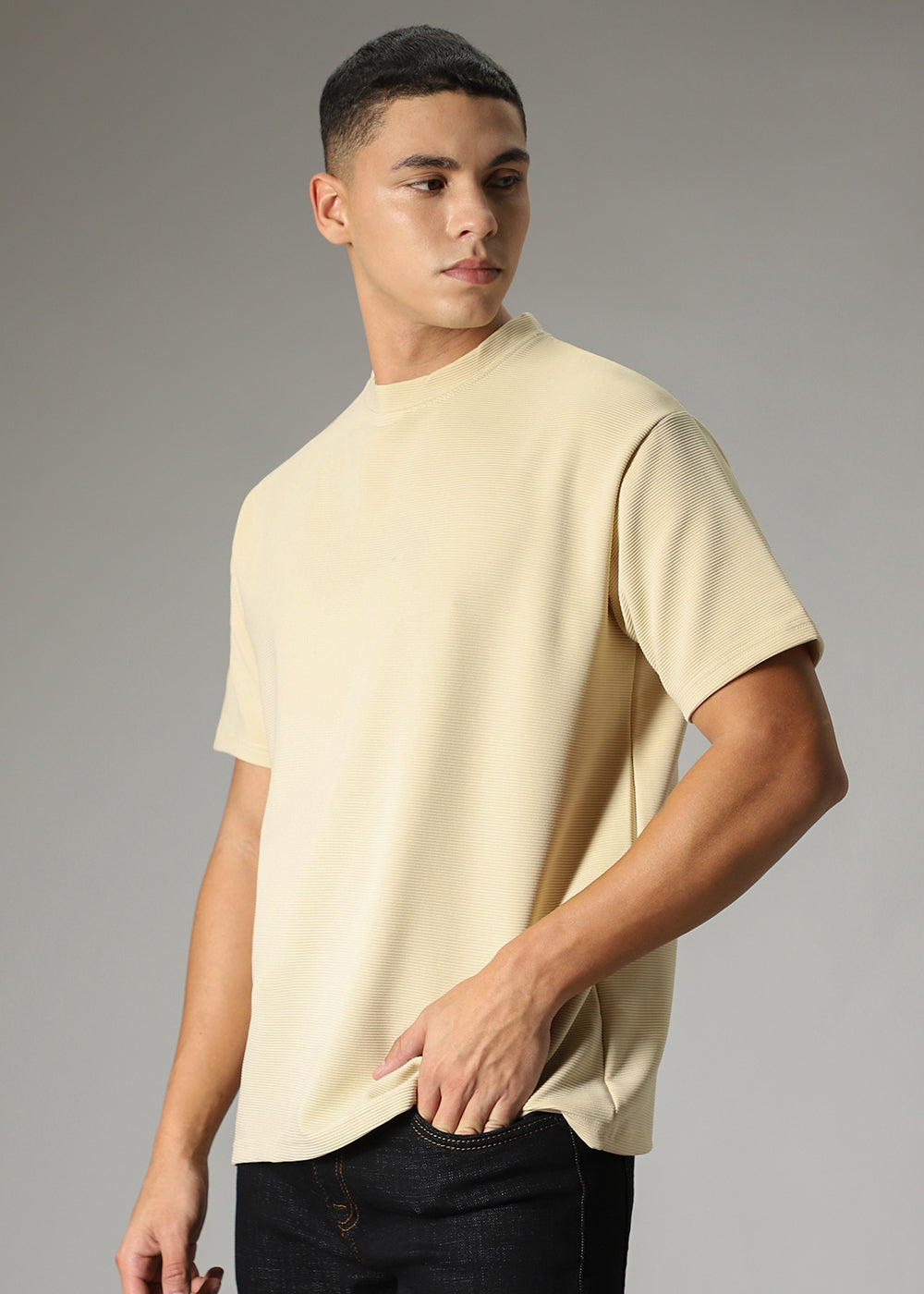 Oversized Cream Plain Textured T-shirt