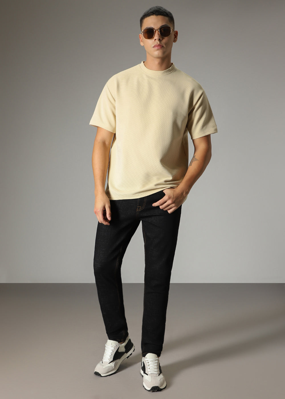 Oversized Cream Plain Textured T-shirt