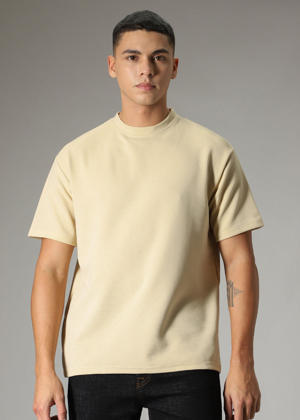 Oversized Cream Plain Textured T-shirt