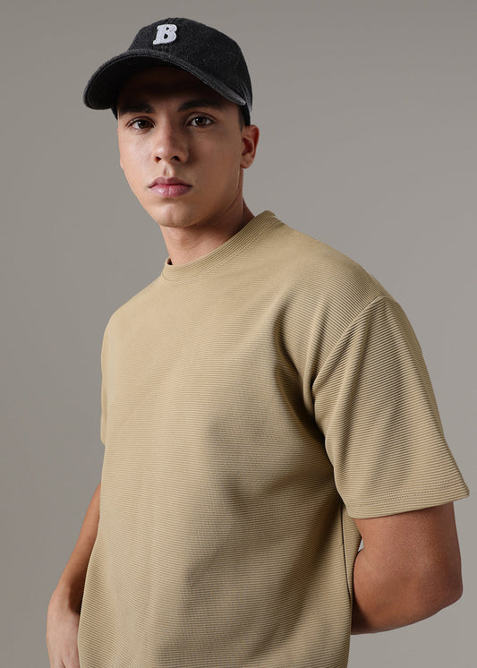 Oversized Beige Plain Textured T-shirt