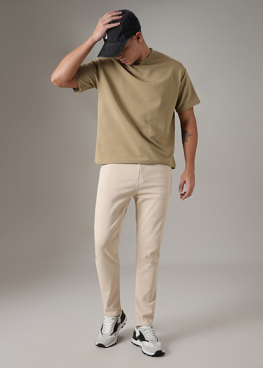 Oversized Beige Plain Textured T-shirt