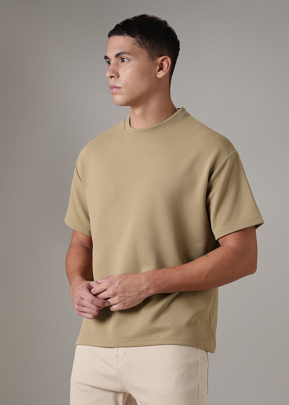Oversized Beige Plain Textured T-shirt