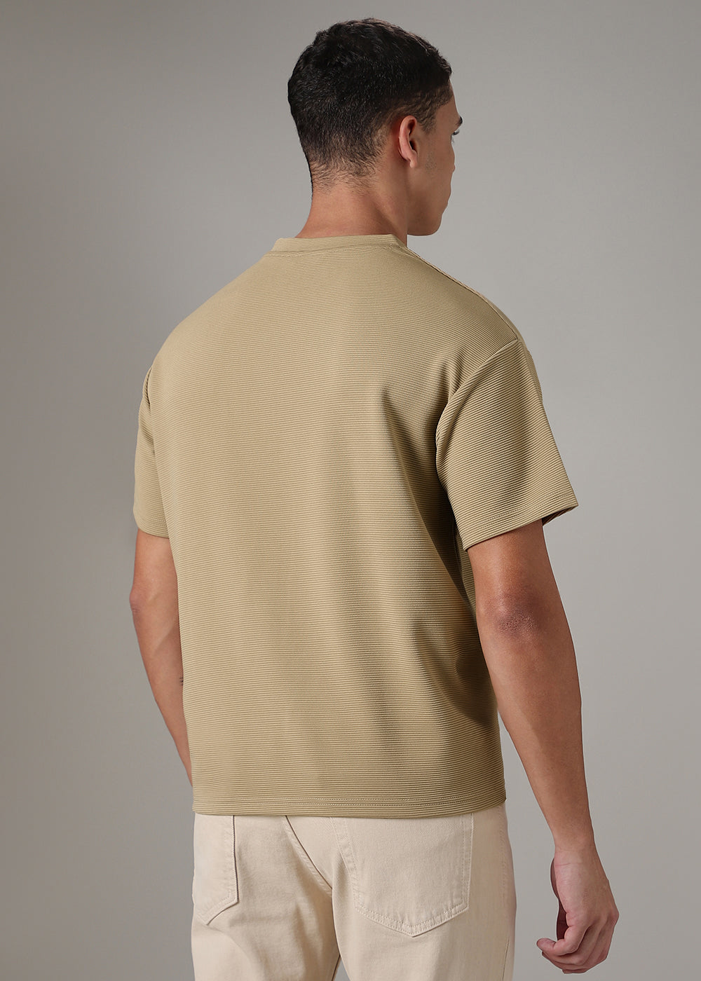 Oversized Beige Plain Textured T-shirt