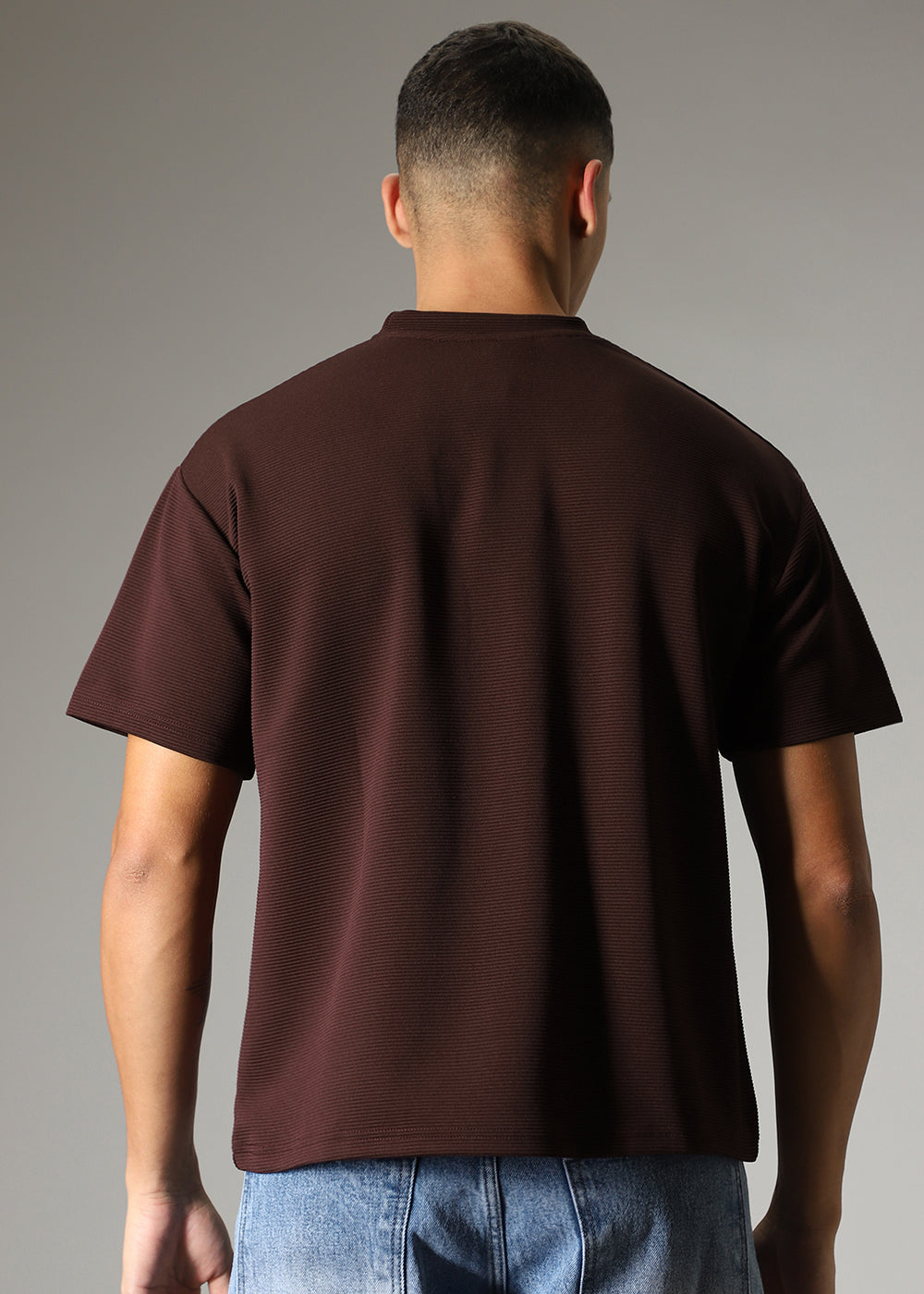 Oversized Brown Plain Textured T-shirt
