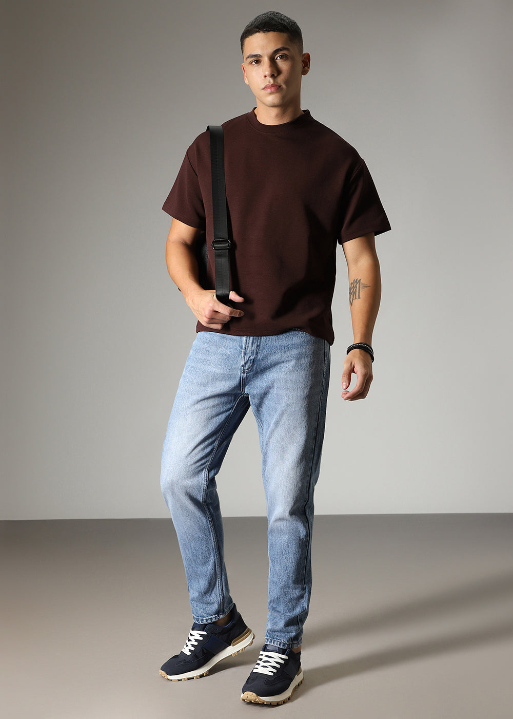 Oversized Brown Plain Textured T-shirt