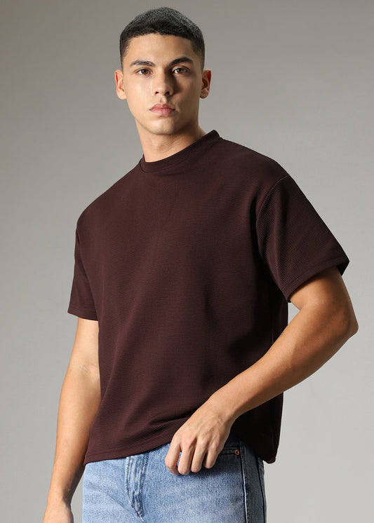 Oversized Brown Plain Textured T-shirt
