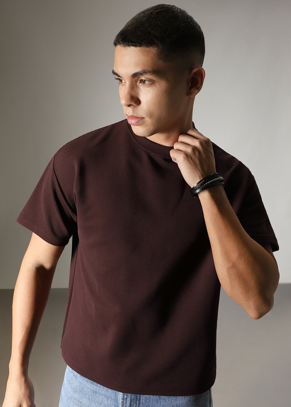 Oversized Brown Plain Textured T-shirt