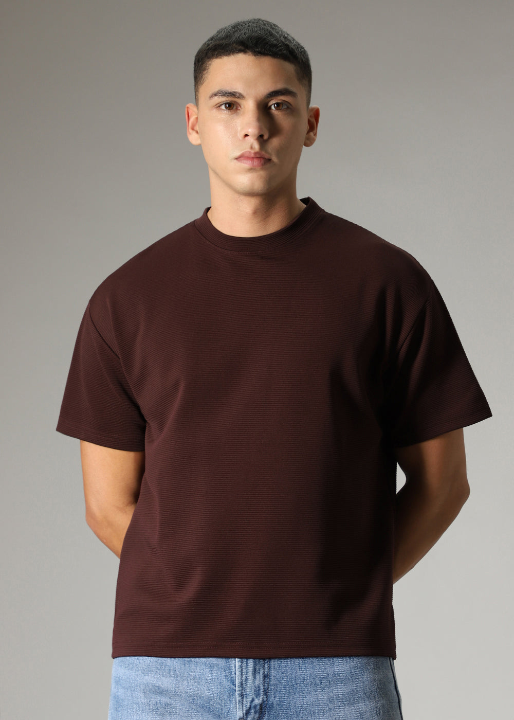 Oversized Brown Plain Textured T-shirt