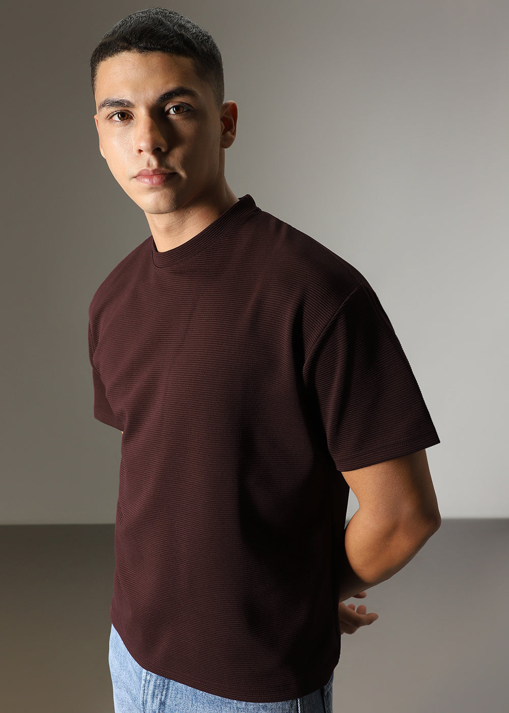 Oversized Brown Plain Textured T-shirt